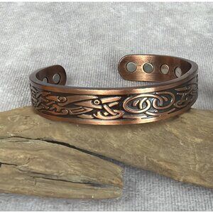 Solid Copper Magnetic Celtic Knot 8-1/8" Arthritis Cuff Ring Bracelet Signed